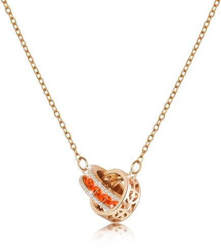 Linawe Orange Interlocking Circle Pendant Necklace for Women, Rose Gold Moissanite Imitation Diamond Crystal Birthstone Rhinestone Cubic Zirconia Stainless Steel Chain Necklaces