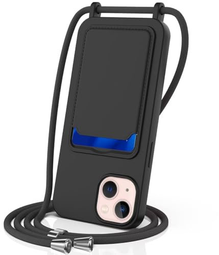 FMPCUON Cordino per Cellulare per iPhone 15 con Porta Carte con Collana Regolabile Tracolla Silicone Liquido Case Custodia Cover,Nero