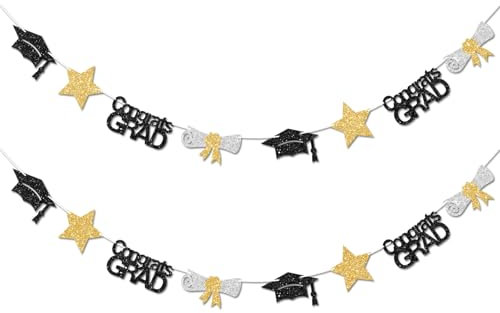 Vofrise Schwarz und Gold Congrats Grad Banner Abschlussdekorationen Klasse 2025 Glitzer Stern Grad Cap Zertifikat Wimpelkette Girlande für Abschlussfeier Party Supplies