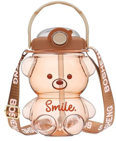 Botella de agua de Kawaii con paja y correa, 1l lindas botellas de agua de oso portátiles protegidas de plástico sin BPA para beber para niños para niñas mujeres deportes para campamento para caminat
