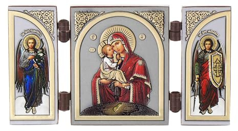 NKlaus Triptychon, Gottesmutter von Pochaev, Holz, 9,5x5,2x0,6cm, 1 Stück | Christliche Ikone als Reisealtar; mit Erzengel Gabriel und Michael, goldener Prägung und Lackschicht