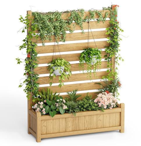 Pamapic Wooden Planter with Trellis, Garden Privacy Screen with Planter Box & Drainage Holes, for Climbing Plants, Flower, Vegetable, Raised Bed for Garden, Patio, Porch