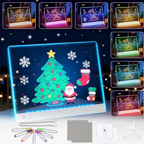 Tableau lumineux Message LED 35x25cm, Tablette lumineuse Dessin, Rechargeable,7 Couleurs Ajustables,Tableau Dessin Led avec Support Réglable Chiffon 7 Stylos de Couleur Idéal pour la Maison le Bureau