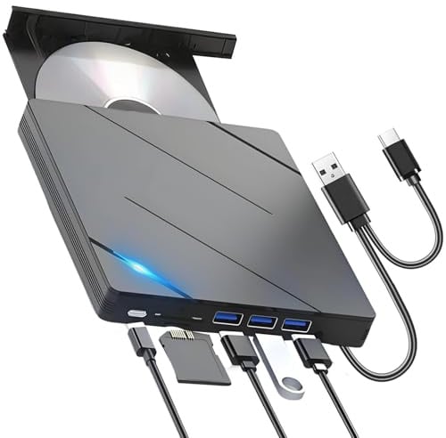 JagFond Masterizzatore CD DVD esterno con 4 porte USB e 2 slot per schede TF/SD, USB 3.0 portatile lettore CD esterno