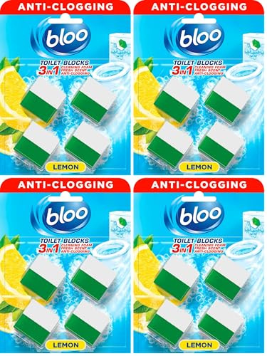 New Bloo Toilet Blocks, Pack of 16, Toilet Limescale Remover Cistern Block, Toilet Cleaner Block with Cleaning and Foaming Action, Toilet Fresheners – Lemon