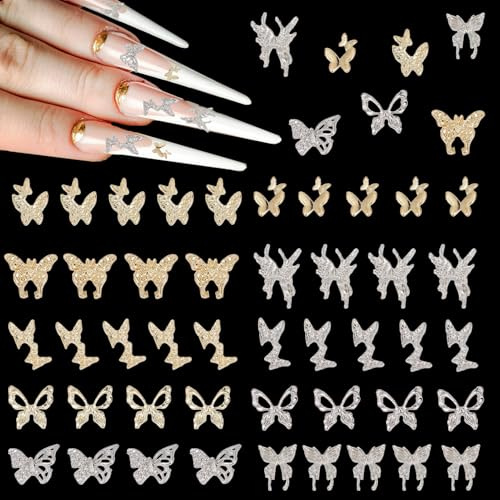 NICENEEDED 200 PCS Butterfly Nail Charms, 3D Butterflies Acrylic Nails Charms with Rhinestones Gems Nail Alloy Studs Charms, Gold Silver Jewels Decor for Manicure Face Makeup Body DIY