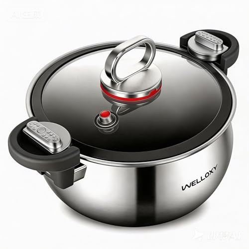 WELLOXY Stainless Steel Stock Pot with Tight-Fitting Lid for Faster Cooking - 7.5 Quart Stockpots for Soup,Pasta,gumbo,Spaghetti,Tri-Ply Whole Clad Stew Pots on Induction with Twist and Lock Handles