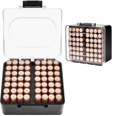 FULLCASE Battery Organizer for 56 AA Batteries, Detachable AA Battery Case | Clear acrylic case with snug slots, two detachable modules and snap clasps for home, camping or travel, Black, Case Only