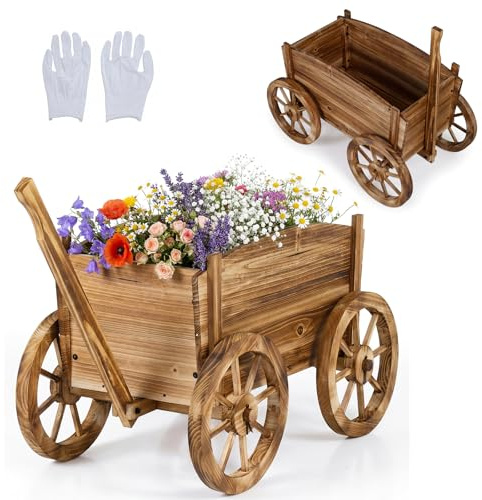 HOMASIS Blumenwagen Holz, Pflanzwagen mit Rollen & Griff, Blumenkasten Gartendeko, Pflanzschubkarre Pflanzkübel mit Drainagelöcher, Blumentopf Blumenkarre für Garten Balkon Terrasse, Braun (Modell 3)