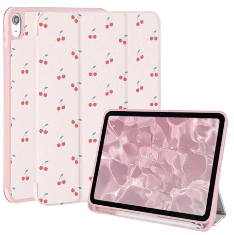 Vozehui 11/10.9 inch Cute Pink Cherry Case for iPad (A16) 11/10th Generation with Pencil Holder,Shockproof Tri-fold Stand Protective Cover with Sleep Wake for iPad 11/10.9 inch 2025/2022