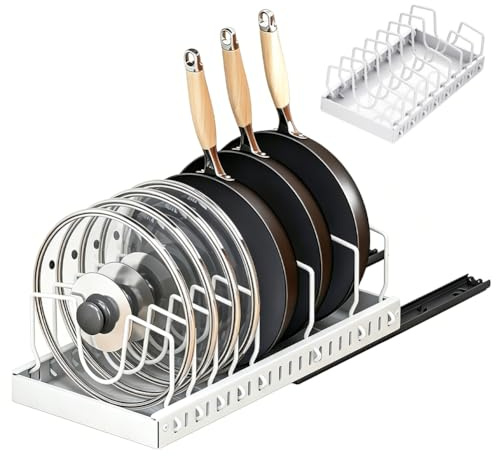 RANJIMA Organizer con coperchio per pentole, estraibile con 8 scomparti regolabili, Kitchen Pot Lid Storage Rack, contenitore salvaspazio, organizer per cucina, taglieri e spatole