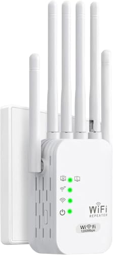Amplificador Señal WiFi 1200M Repetidor WiFi Largo Alcance 5G y 2.4G Doble Banda WiFi Extender con 6 Antenas de Alta Ganancia, Puerto LAN, Extensor de WiFi para casa y Oficina,Fácil de Instalar