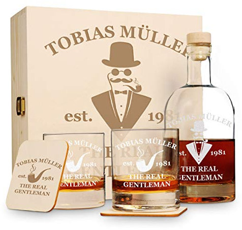 polar-effekt 6 TLG Geschenk-Set in Holzkiste mit Gravur - 2 Whiskygläser, 2 Untersetzer und Whisky-Karaffe in Geschenk-Box - Geschenkidee für Männer - Motiv a Gentleman