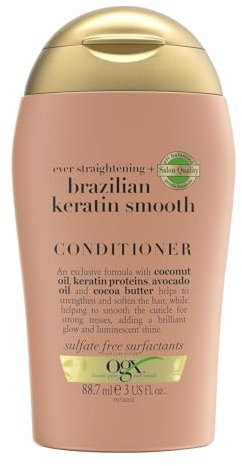 OGX Brazilian Keratin Smooth Conditioner (88 ml), glättende Haarspülung mit brasilianischem Kokosnussöl, Avocadoöl, Kakaobutter und Keratin Proteinen, sulfatfrei