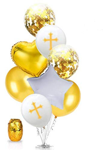 Oblique Unique® Kreuz Konfetti Luftballon Set mit Herz + Stern Folien Ballon für Taufe Kommunion Konfirmation Geburtstag Hochzeit Feier Jubiläum Weiß Gold