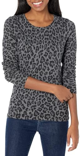 Amazon Essentials Women's Long-Sleeve Lightweight Crewneck Jumper (Available in Plus Size), Grey Cheetah Print, XS