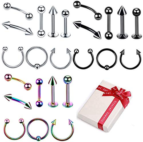 Crazy-M 3 Farbe Piercing Set 24 Stücke Chirurgenstahl Körperpiercing Stud Barbell für Augenbrauen Zunge Nase Ohr Lippe Brustwarzen Augenbrauen Unisex Punk Piercing (1.2 * 10MM)