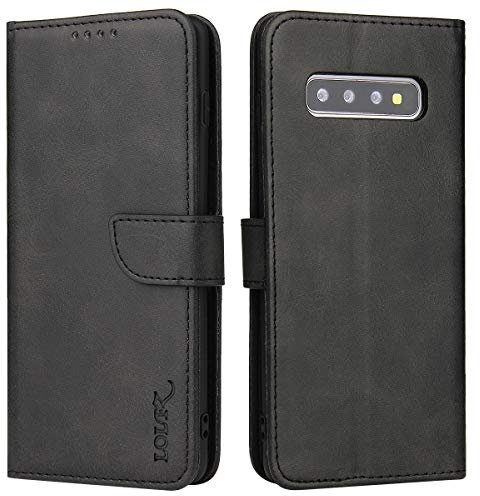 LOLFZ Wallet Case for Samsung Galaxy S10 Plus, Vintage Leather Book Case with Card Holder Kickstand Magnetic Closure Flip Case Cover for Samsung Galaxy S10 Plus - Black