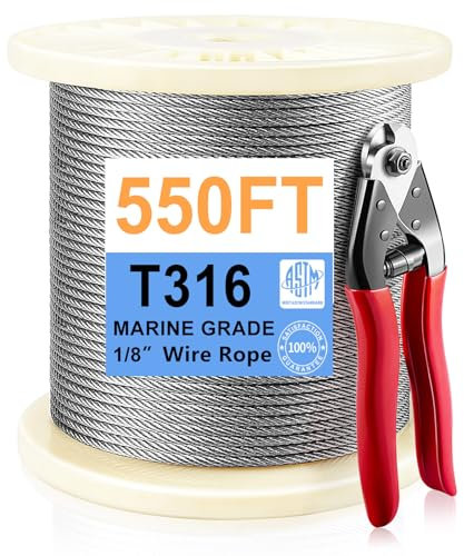 Steel DN Mate 1/8 Edelstahlkabel 150 m für Stahlkabelgeländer-Kit, T316 Edelstahldraht, 816 kg Bruchfestigkeit, 7x7 Stränge Baukabelgeländersystem, Marinequalität Draht DW55