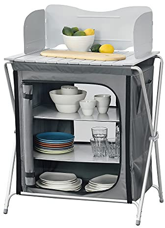 Cuisine de Camping d'Extérieur Armoire de Camping Pliable avec Plan de Travail et Étagères Protection Anti-Vent Moustiquaire Sac de Transport Jardin Aluminium Polyester MDF 110 x 70 x 52 cm Gris Foncé