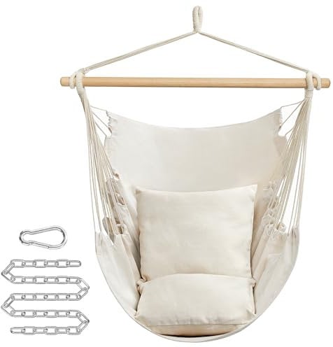 SONGMICS Poltrona Sospesa, Sedia Amaca Larga con 2 Cuscini, Sedia ad Altalena con Catena, Capacità di Carico 150 kg, per Interno e Esterno, Soggiorno, Camera da Letto, Beige GDC187M01
