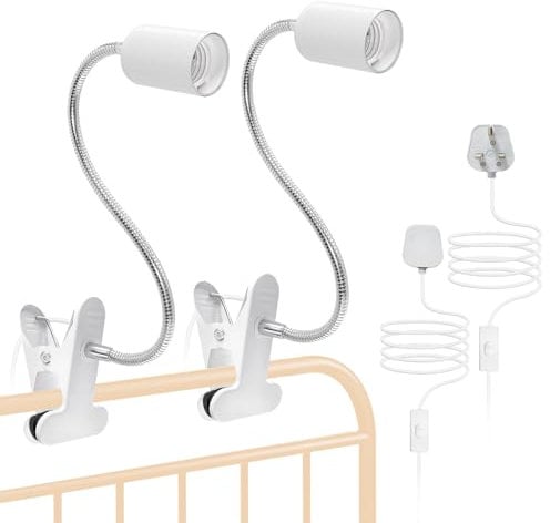 E27 Lamp Holder 2Pcs Flexible Clip Desk Lamp Metal Clip Light, White Clamp Light with 360° Rotatable Gooseneck and 220cm Cable Switch for Bedroom, 60 W Max