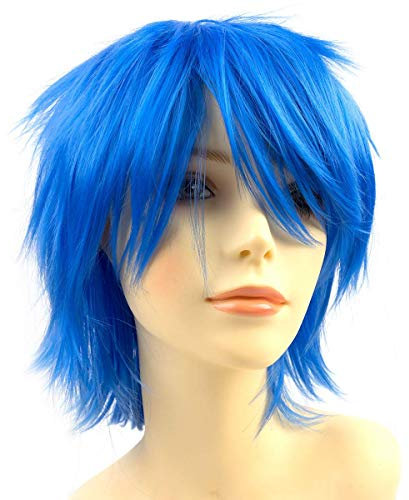 Yamel Anime Halloween Wig Blue for Cosplay Party, Synthetic Layered Short Hair Wigs with Bangs, Pastel Wigs for Women Men Adult