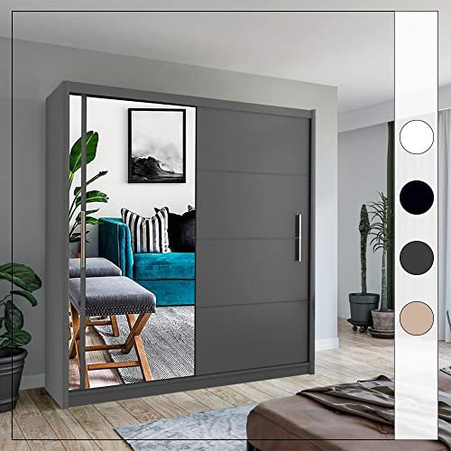 Modern Double Sliding Door Wardrobe 2 Mirrored Hanging Rails & Shelves Storage Cabinet for Bedroom (Grey, 203cm)