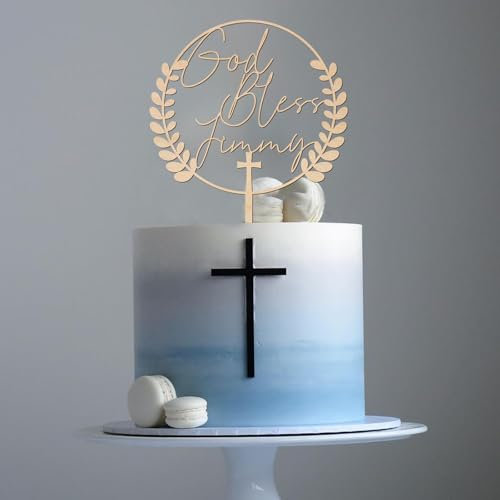 Party to Be Cake Topper Gott Segen Personalisiert mit Namen Taufe Deko in Holz Custom Tortenstecker für Junge Mädchen Taufe Deko (Stil 2)
