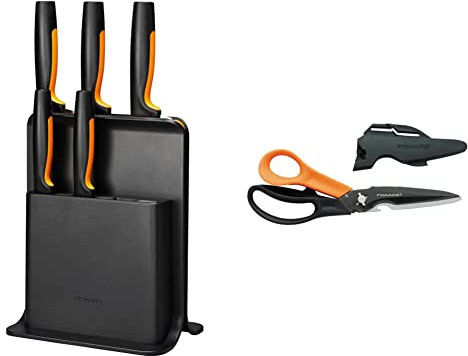 Fiskars Design-Messerblock mit 5 Messern, Functional Form, Schwarz, 1057554 & Mehrzweckschere mit trennbaren Klingen, Inkl. Schutzhülle mit Scherenschärfer, Länge 23 cm, Schwarz/Orange