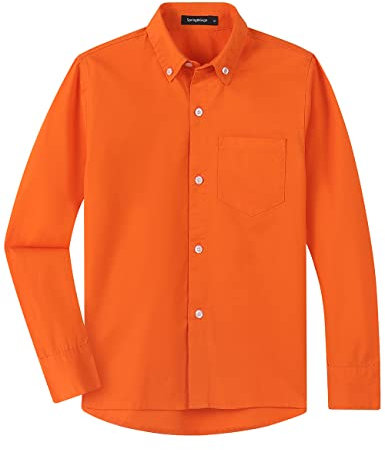 Spring&Gege Boys Long Sleeve Uniform Woven Twill Button Down Shirt for Children Orange Size 13-14 Years