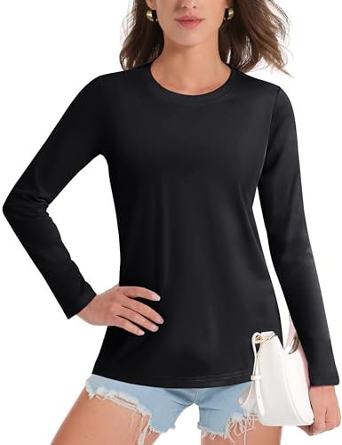 TACVASEN Ladies Long T Shirts Casual Long Sleeve Moisture Wicking Cotton Tops Quick Dry Long Sleeve Tee Shirt Women, Black, L