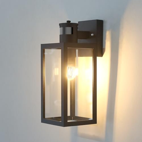 HLFVLITE Außenwandleuchte mit Bewegungsmelder aus Metall in mattschwarz und klaren Glas, 1-flammige Wandlampe Außenleuchte Alumniumguss IP54 Wasserdicht Max. 100W E27 Fassung