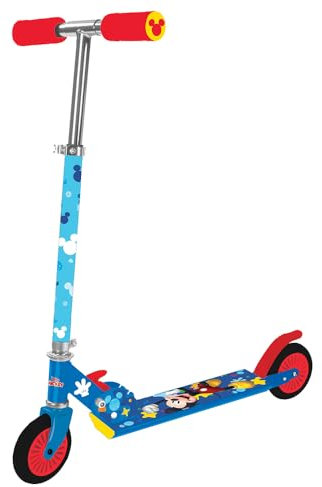 Disney Mickey Mouse Patinete Plegable 2 Ruedas máx. 50 kg + 5 años, Base Antideslizante, 65x30x75-82 cm, Materiales, Ruedas antipinchazos, Freno Trasero, Manillar Ajustable en Altura (77773)