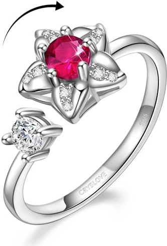 CRYSLOVE Angst Relief Ringe für Frauen Mädchen 925 Sterling Silber Geburtsstein Blume Ringe Einstellbare Offene Stapelbare Knuckle Hochzeit Verlobungsringe mit Geschenk Boxed