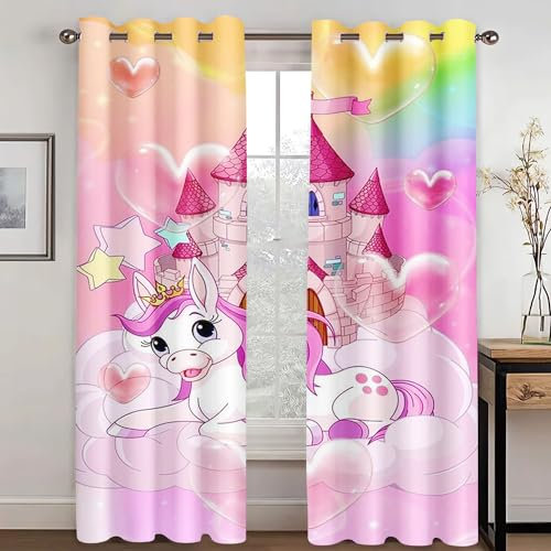 WEQEER Vorhänge Blickdicht Einhorn Verdunklungsgardine Karikatur Rosa Pferd Kinder Fenstervorhang Regenbogen Wolken drucken Vorhang für Kinderzimmer (2,100x140cm(2x50x140cm))