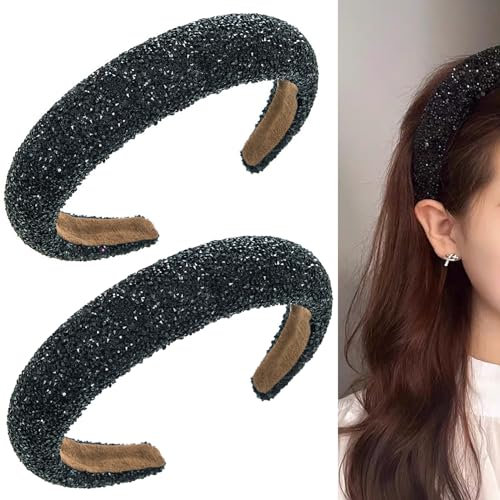 Ylinwtech Damen Haarreif Glitzer Strass,2 Stück,Haarreifen,Glitzer-Effekt,dick gepolstert,Haarreif für Damen,Mädchen Geburtstagsgeschenk,Party,Hochzeit Braut Haarschmuck (Schwarz)