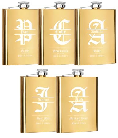 Set of 5, Personalised Flasks for Groomsmen Bridesmaid Gifts, 8oz Stainless Steel Engraved Flasks for Men Women, Custom Flasks for Wedding Party Gift, Best Friend Gift