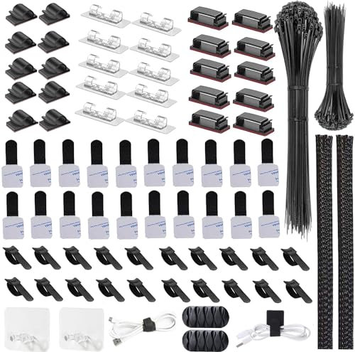 276PCS Cable Management Kit, Included 2 Cable Sleeve Split, 200 Cable Zip Ties, 34 Adhesive Cable Clips, 20 Cable Organizer Straps, 20 Adhesive Cable Ties for Computer TV Under Desk Office Home, Black