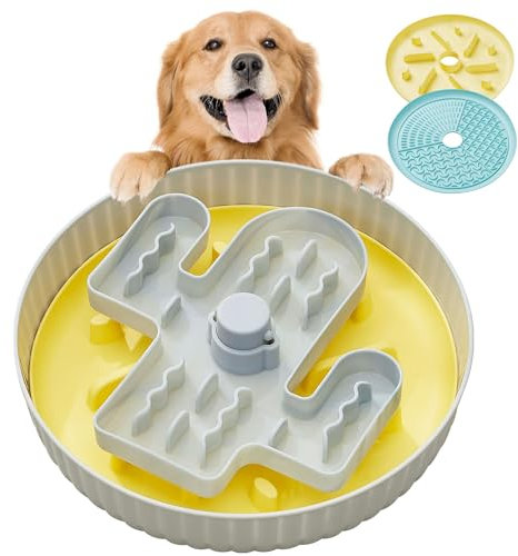 Suhaco Slow Feeder Dog Bowls Anti-Choking Anti-Slip Slowing Down Eating Speed 2 Dtachable Insert Mats Green Silicone & Yellow Lick Mats for Medium Dogs Interactive Maze Dog Puzzle Bowl (Cactus Yellow)