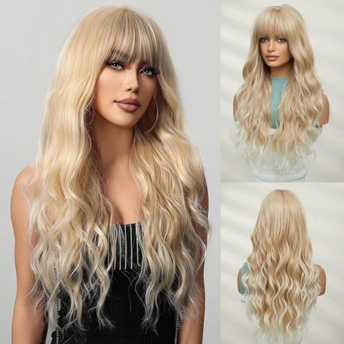 OUFEI Lange Gewellt Blonde Perücken für Frauen Natürliche Synthetische Haare Hitzebeständig Perücken für Tägliche Party Cosplay Tragen