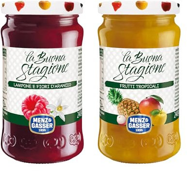 Menz&Gasser, Kit Confettura e Spalmabile, 1 Frutti Tropicali + 1 Lamponi e Fiori La Buona Stagione, Lavorata con Passione in Trentino-Südtirol, Naturalmente Senza Glutine, Vegan, 2 Vasi x 240g
