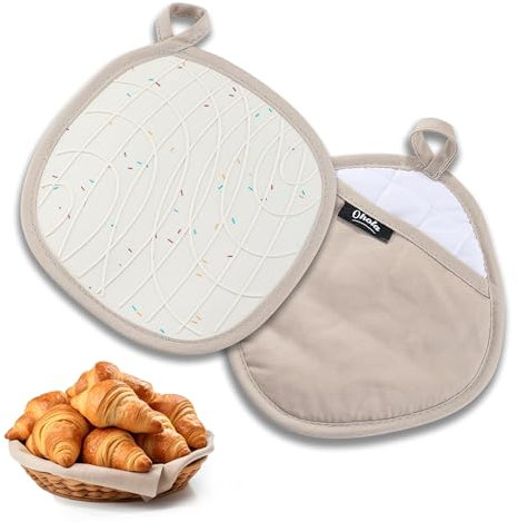 Maniques Cuisine 2 en 1,coussinets chauds en silicone et coton, gants de cuisine en coton,manique isotherme,maniques avec poignée en silicone antidérapante pour la cuisine, la pâtisserie(20x20cm,beige
