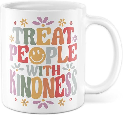 Retro Tasse mit Spruch - Geschenk Treat People with Kindness - Kaffeetasse 330ml aus Keramik - Hippie Smiley Trippy Good Vibes Vintage Design Mug Kaffee-Becher