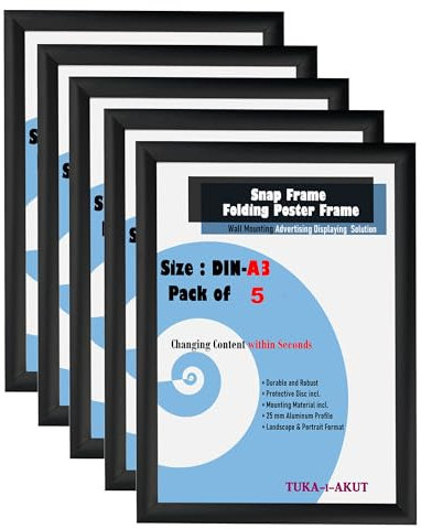 TUKA-i-AKUT 5er A3 Klapprahmen aus Aluminium 25 mm Profil, Plakatrahmen Wechselrahmen Poster Rahmen Schnapprahmen Aufklappbar mit Schutzscheibe Befestigungsmaterial, Schwarz Farbe, TKD8420-A3-5X