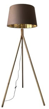 meineWunschleuchte Dreibein Holz Stehlampe mit Samtschirm Braun Gold, Höhe 157cm