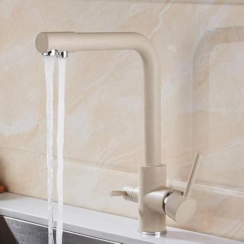 Grifo de Cocina con Filtro de 3 Vías 2 Salidas de Agua Grifo Mezclador Giratorio de 360° Grifo Mezclador de Cocina 3 En 1 para Filtro de Agua Potable Color Beige