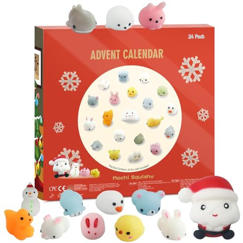 Mochi Squishy Adventskalender 2024 Kinder, Weihnachtskalender Spielzeugkalender mit verschiedenen niedlichen Tieren 24 Tage Countdown Kalender, Stressabbau Weihnachtsgeschenke für Jungen Mädchen
