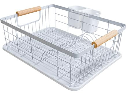 Amig - Escurreplatos Graz - 42 x 31,5 x 15 cm - Acero con Mango de Madera - Color Blanco - Escurreplatos con Bandeja de Goteo y Soporte para Cubiertos - Capacidad 10 Platos y 6 Vasos - Diseño Moderno