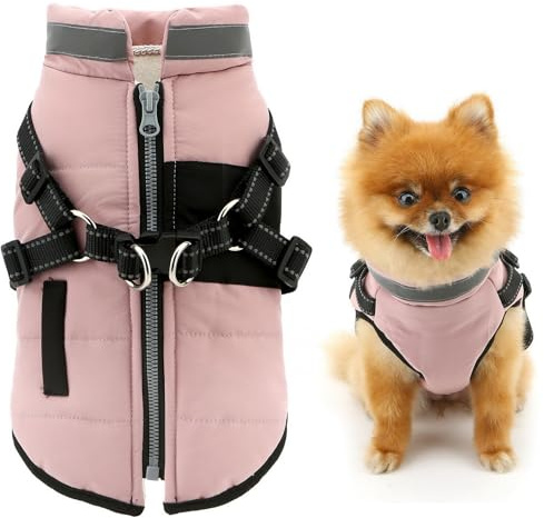 SMALLLEE_LUCKY_STORE Fleece Lined Pet Coat Sport Winter Jacket Vest with Harness D-ring for Small Dog Cat Reflective Zip-up Puppy Padded Chihuahua Yorkie Warm Clothes, Pink, M
